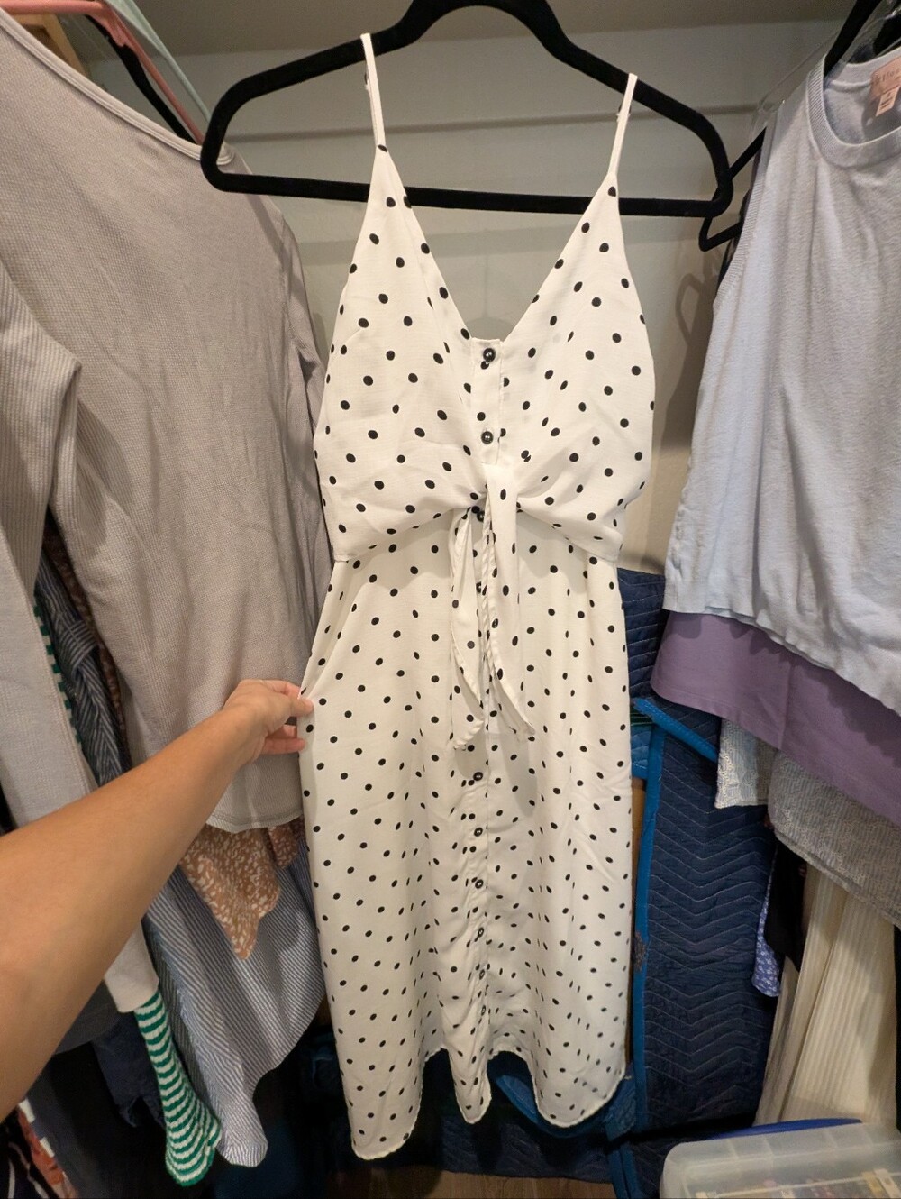 bp White Polka Dot Tie-Front Midi Dress